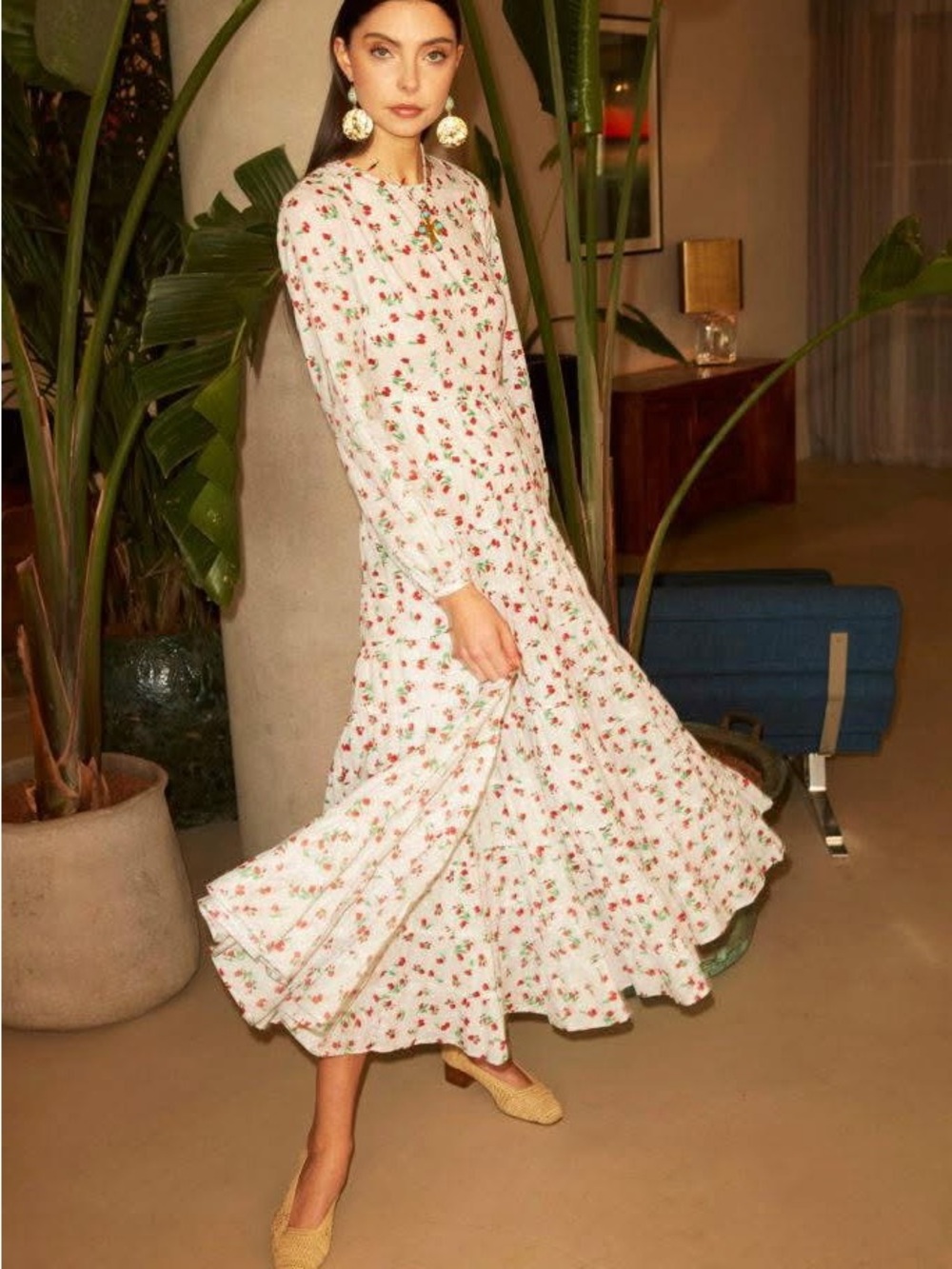 RIXO Pip White Maxi Dress with Red and Green Floral Print